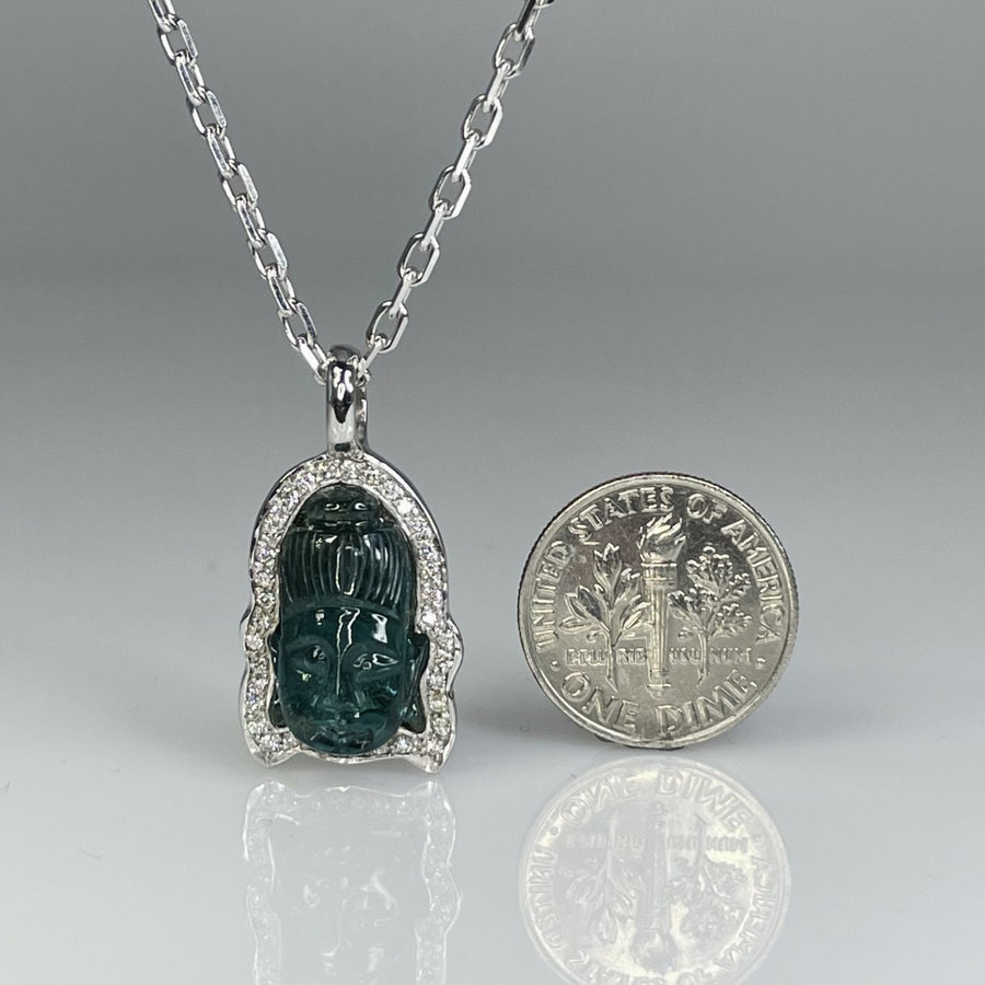 14K White Gold Blue Tourmaline Buddha Necklace 8.04ct/0.18ct