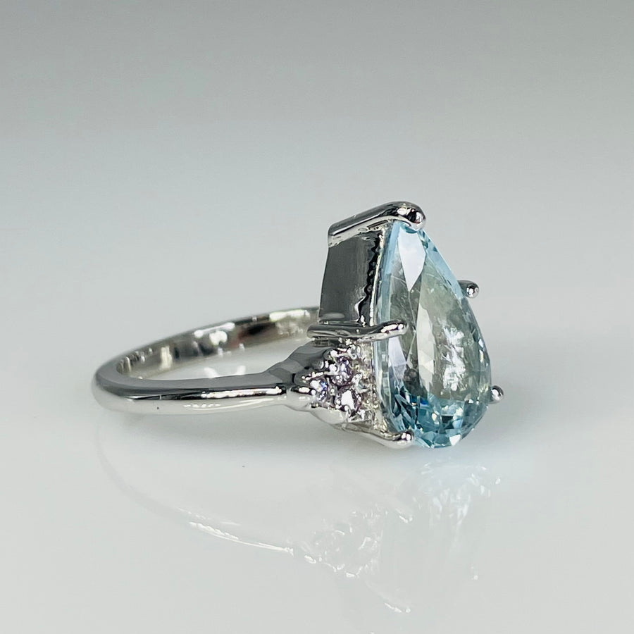 14K White Gold Aquamarine and Light Pink Diamond Ring 3.08ct/0.10ct