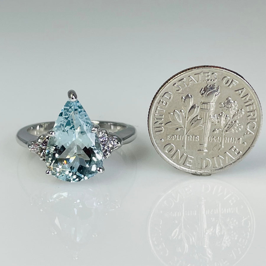 14K White Gold Aquamarine and Light Pink Diamond Ring 3.08ct/0.10ct