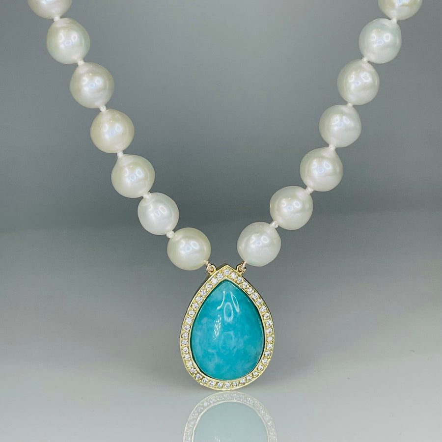 14K Yellow Gold Amazonite and Diamond Pearl Necklace 9.54/0.18ct