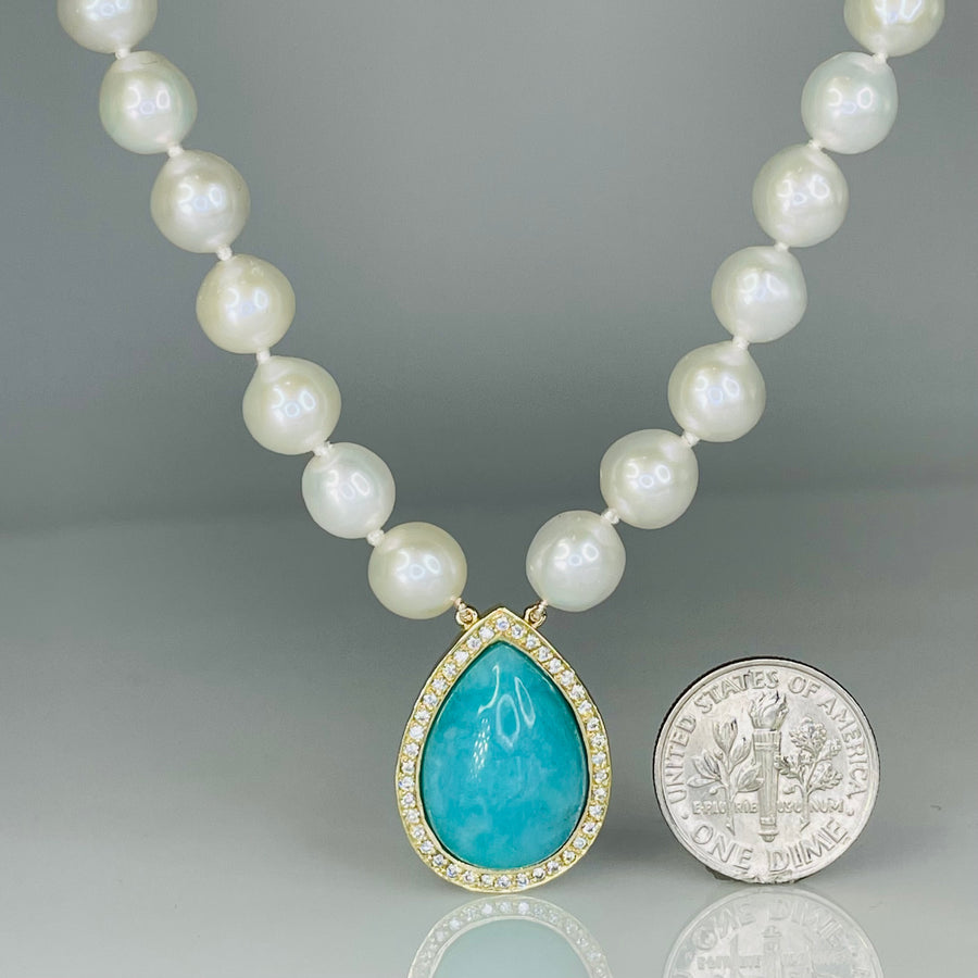 14K Yellow Gold Amazonite and Diamond Pearl Necklace 9.54/0.18ct