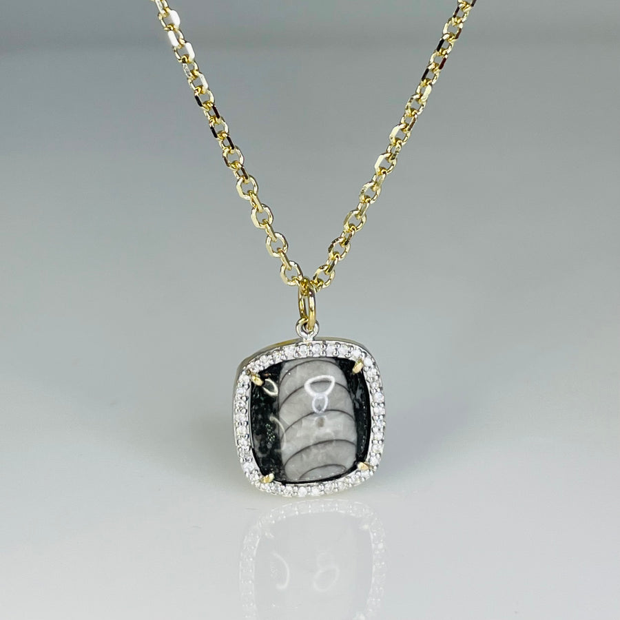 18K Yellow Gold Orthoceras Fossil and Diamond Necklace 0.20ct