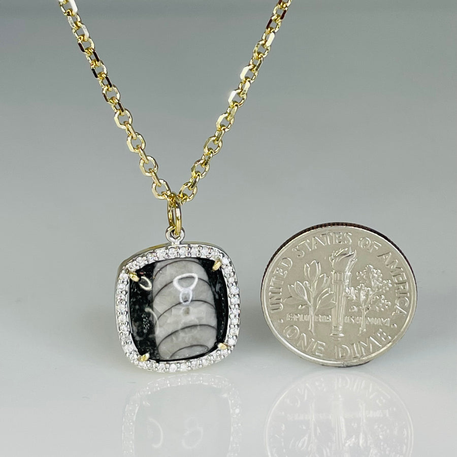 18K Yellow Gold Orthoceras Fossil and Diamond Necklace 0.20ct