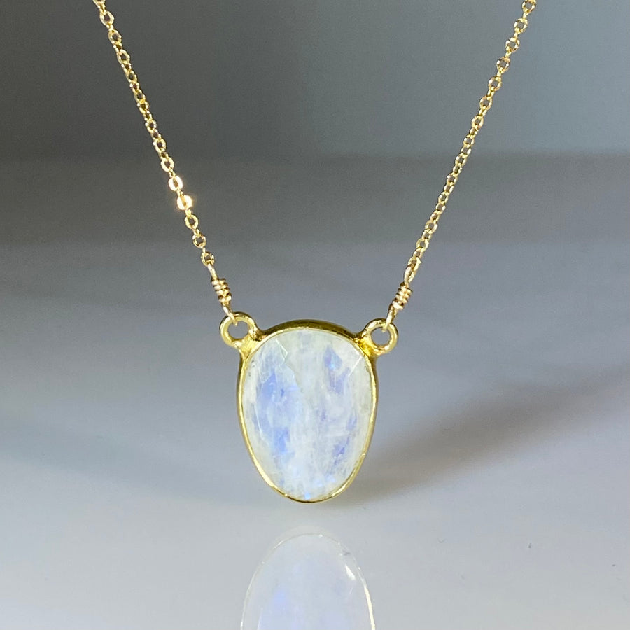 Rainbow Moonstone Bezel Necklace 12x16mm
