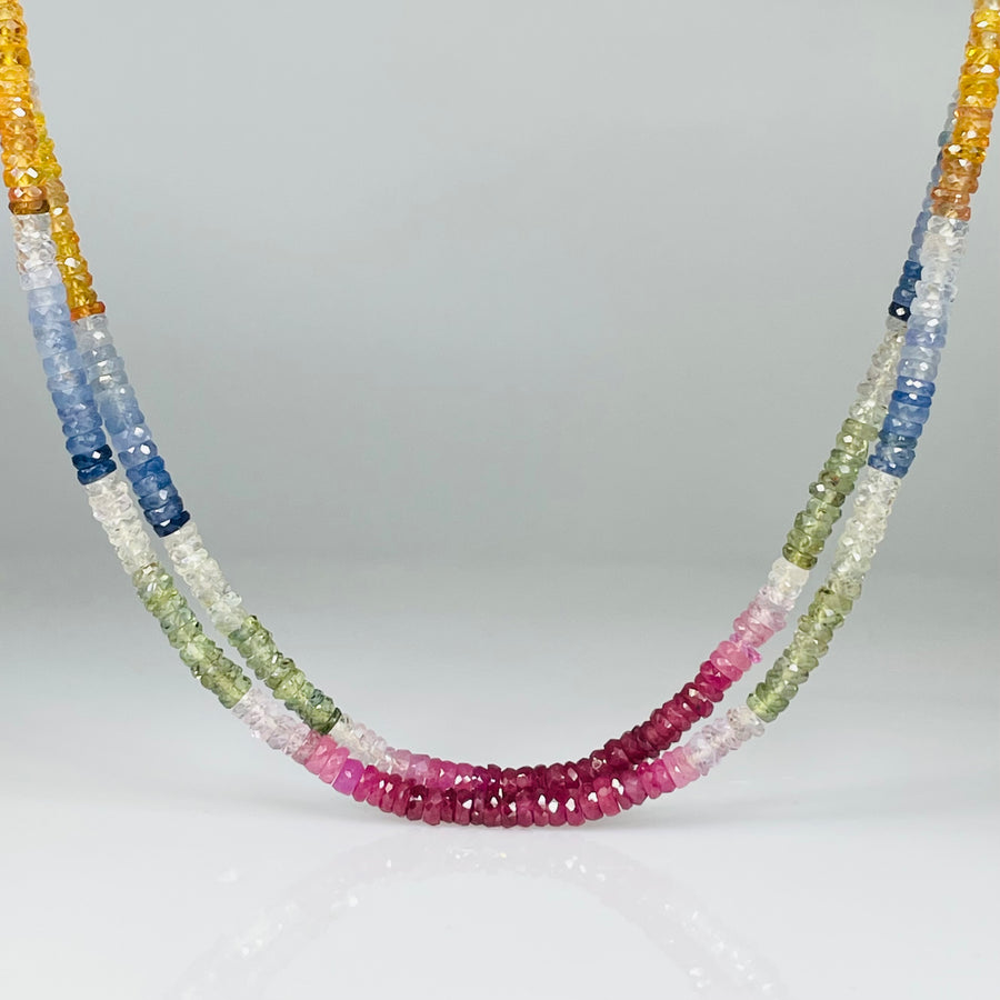 14K White Gold Rainbow Color Sapphire Beaded Necklace