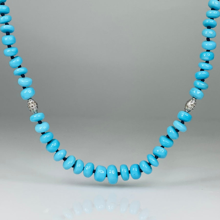 14K White Gold Kingman Turquoise and Diamond Beaded Necklace