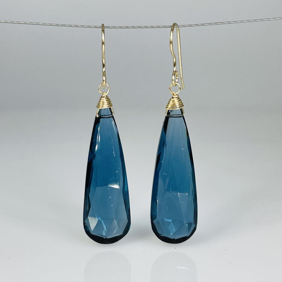 Elongated Teardrop London Blue Hydro Quartz Earrings 11x33mm