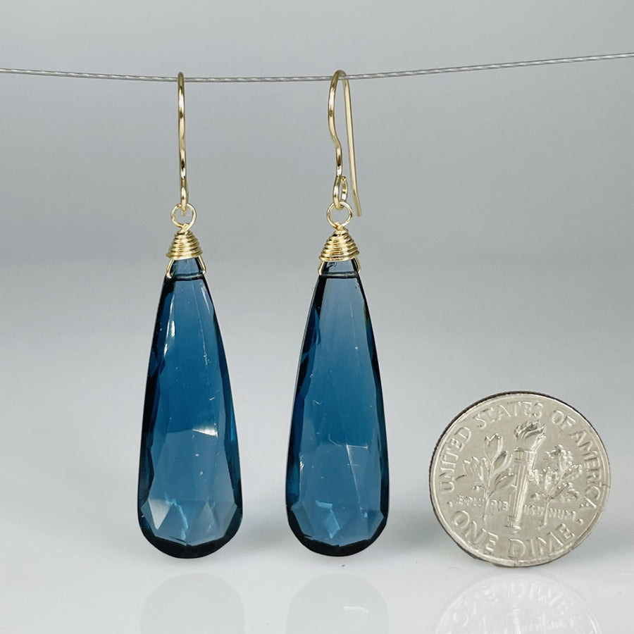 Elongated Teardrop London Blue Hydro Quartz Earrings 11x33mm