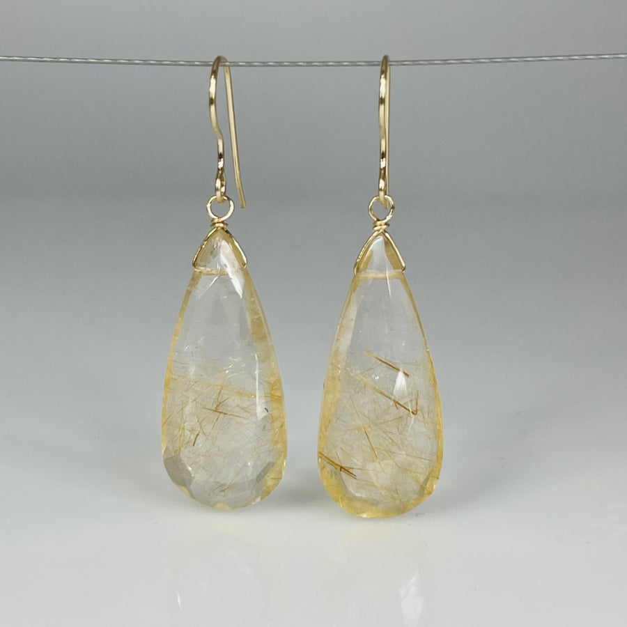 Elongated Bronze Rutilated Quartz Drop Earrings 12x27mm