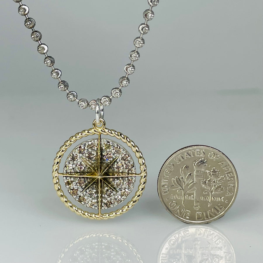 14K Yellow Gold and Silver Champagne Diamond Compass Necklace