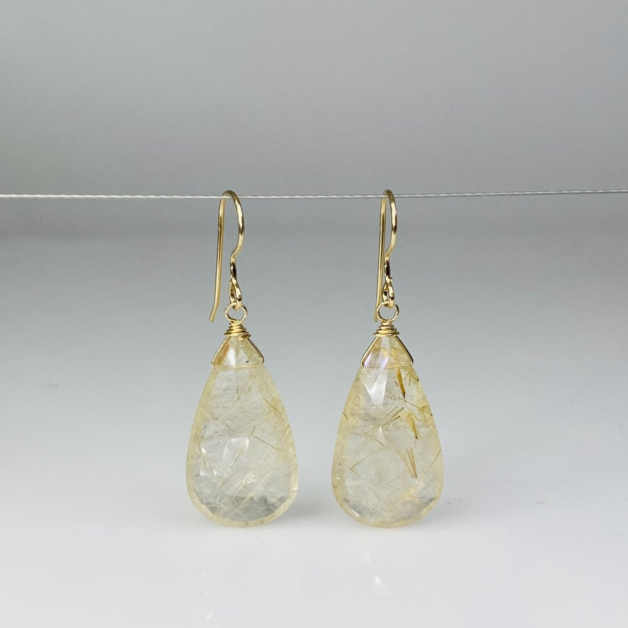 Elongated Golden Rutilated Quartz Drop Earrings 15x25mm