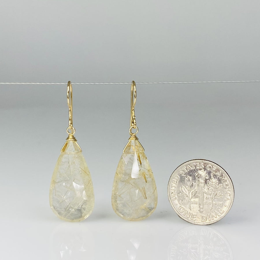 Elongated Golden Rutilated Quartz Drop Earrings 15x25mm