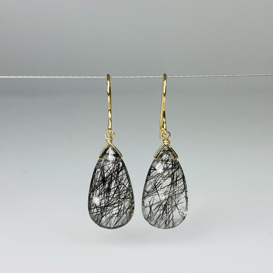 Pear Shape Black Tourmalated Quartz Earrings 10x19mm