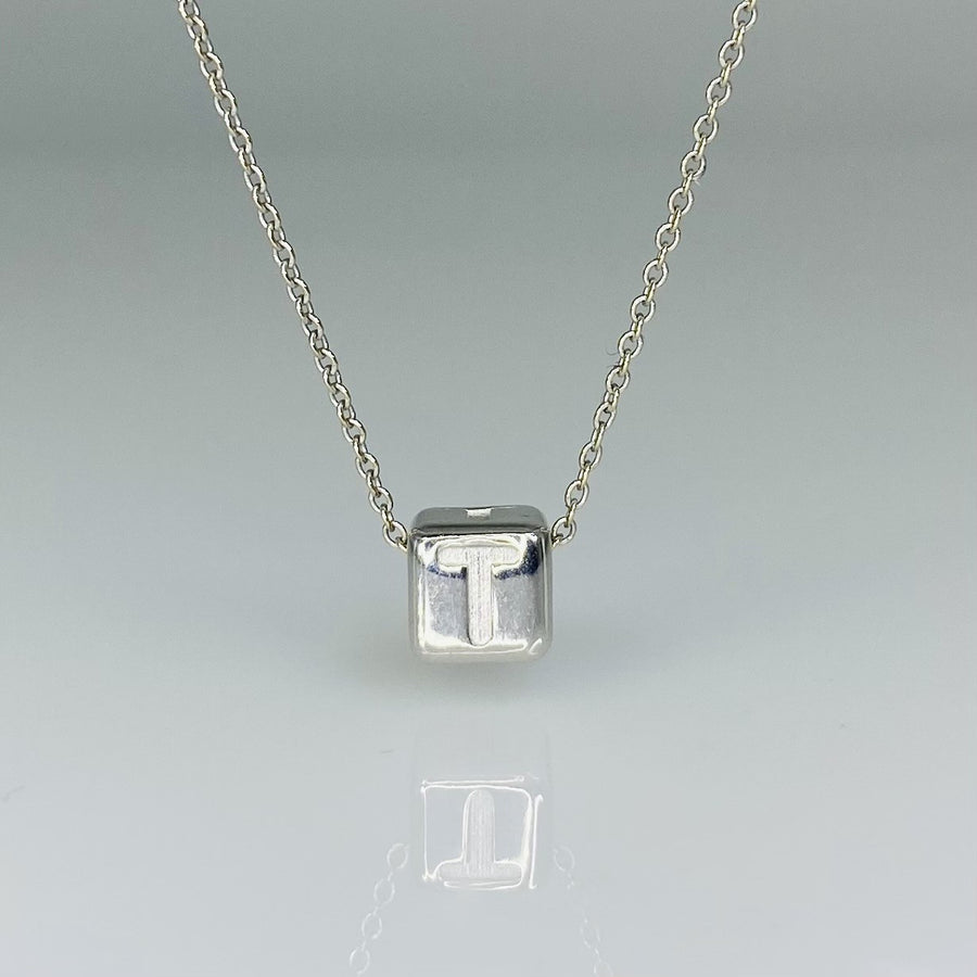 14K White Gold Initial Cube Necklace