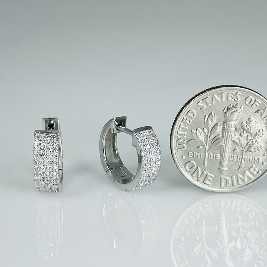 14K White Gold Three Row Diamond Huggie Earrings 0.21ct