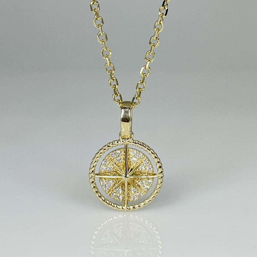 14K Yellow Gold Diamond Mini Compass Necklace 0.12ct