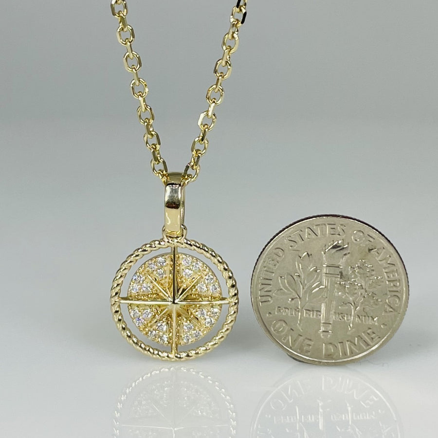 14K Yellow Gold Diamond Mini Compass Necklace 0.12ct