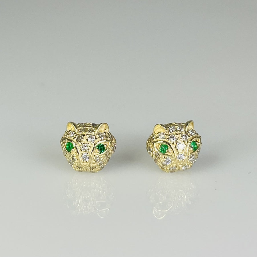 14K Yellow Gold Diamond/Emerald Mini Panther Earrings 0.14/.02ct