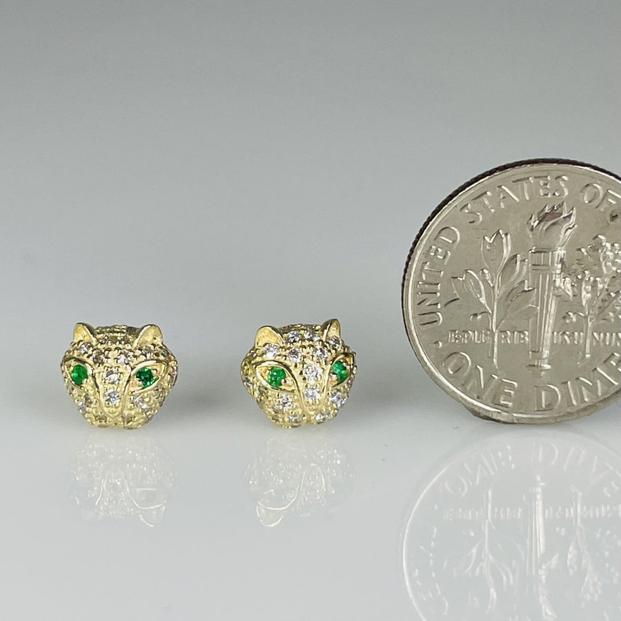 14K Yellow Gold Diamond/Emerald Mini Panther Earrings 0.14/.02ct