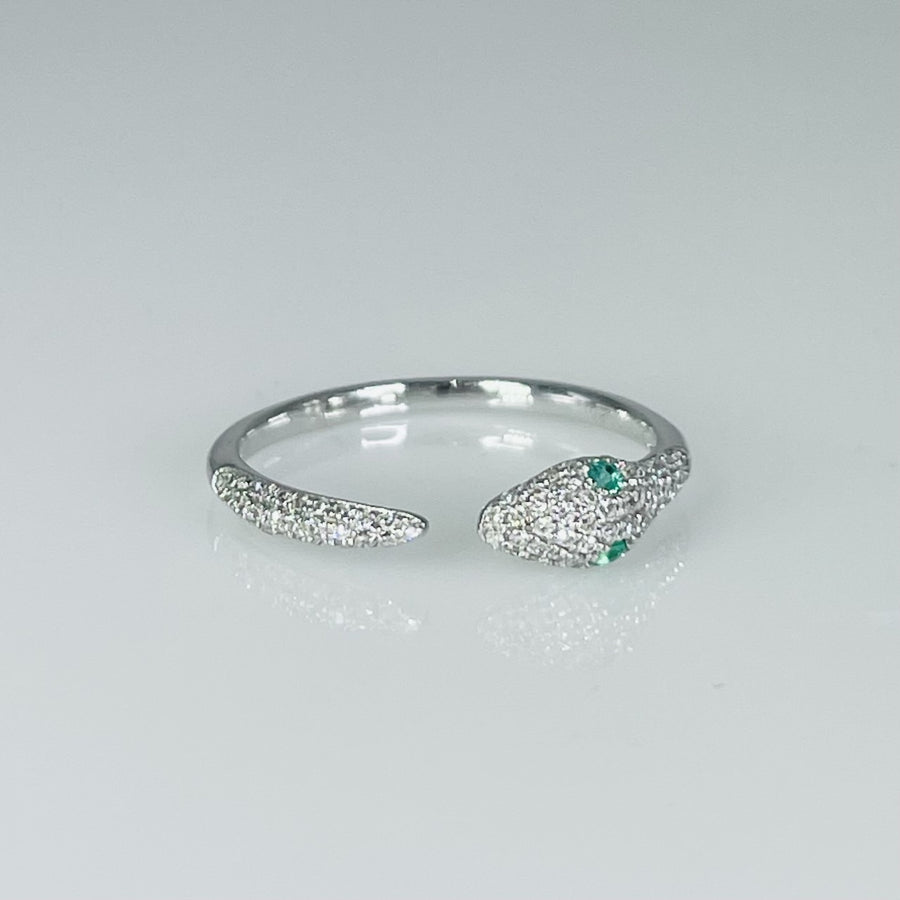 14K White Gold Emerald and Diamond Snake Ring 0.02ct/0.16ct