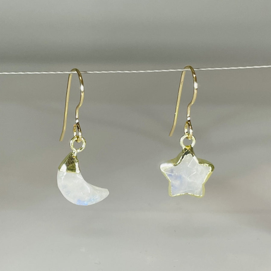 Rainbow Moonstone Star and Moon Earrings