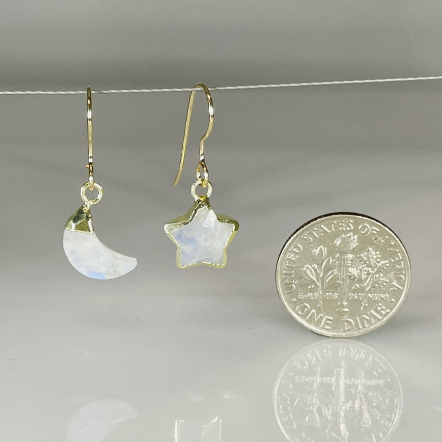 Rainbow Moonstone Star and Moon Earrings