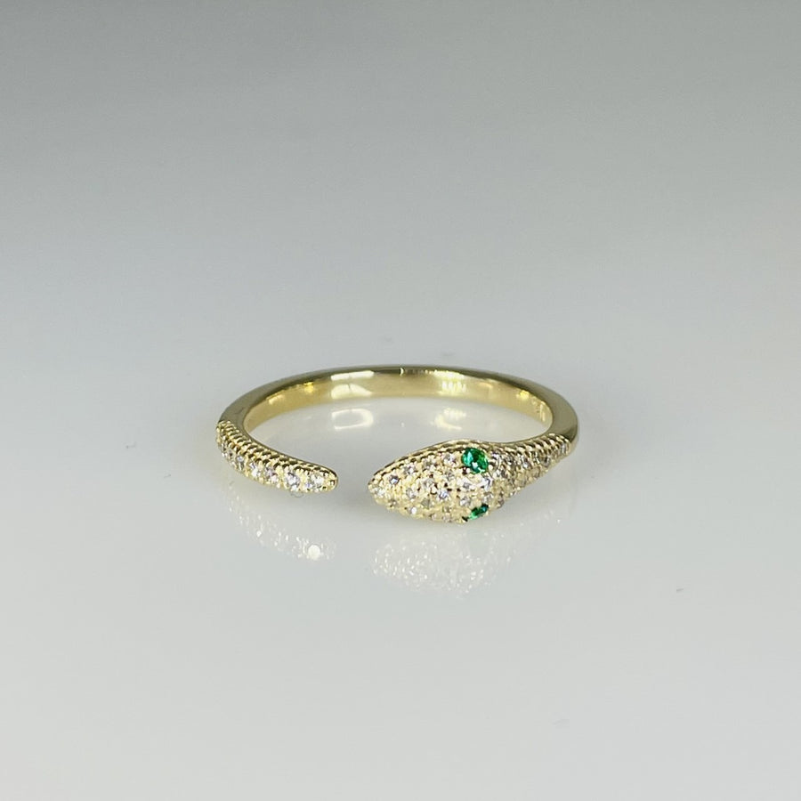 14K Yellow Gold Emerald and Diamond Snake Ring 0.02/0.16ct