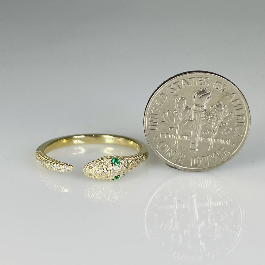 14K Yellow Gold Emerald and Diamond Snake Ring 0.02/0.16ct