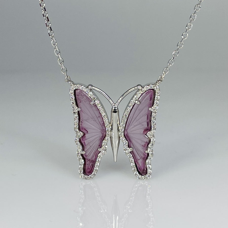 14K White Gold Diamond Pink Tourmaline Butterfly Necklace 3.0ct