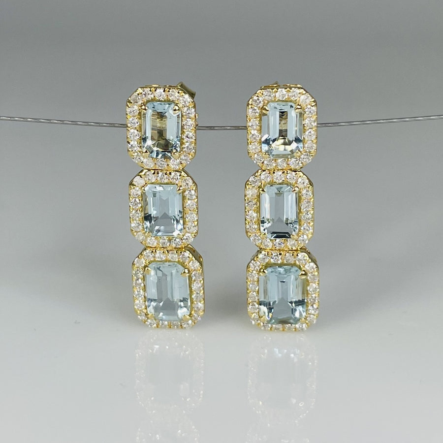18K Yellow Gold Diamond and Aquamarine Earrings 0.84/3.91ct