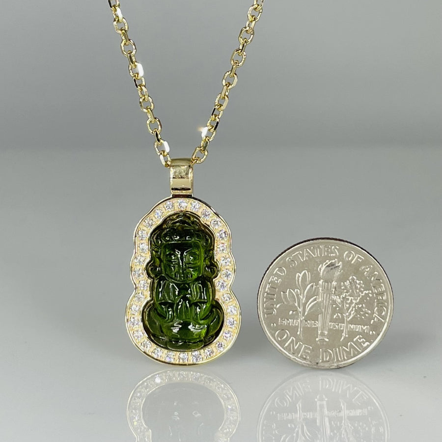 14K Yellow Gold Diamond and Green Tourmaline Buddha Necklace