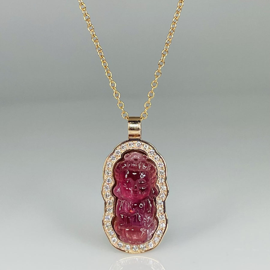 14K Rose Gold Diamond and Pink Tourmaline Buddha Necklace 9.62ct