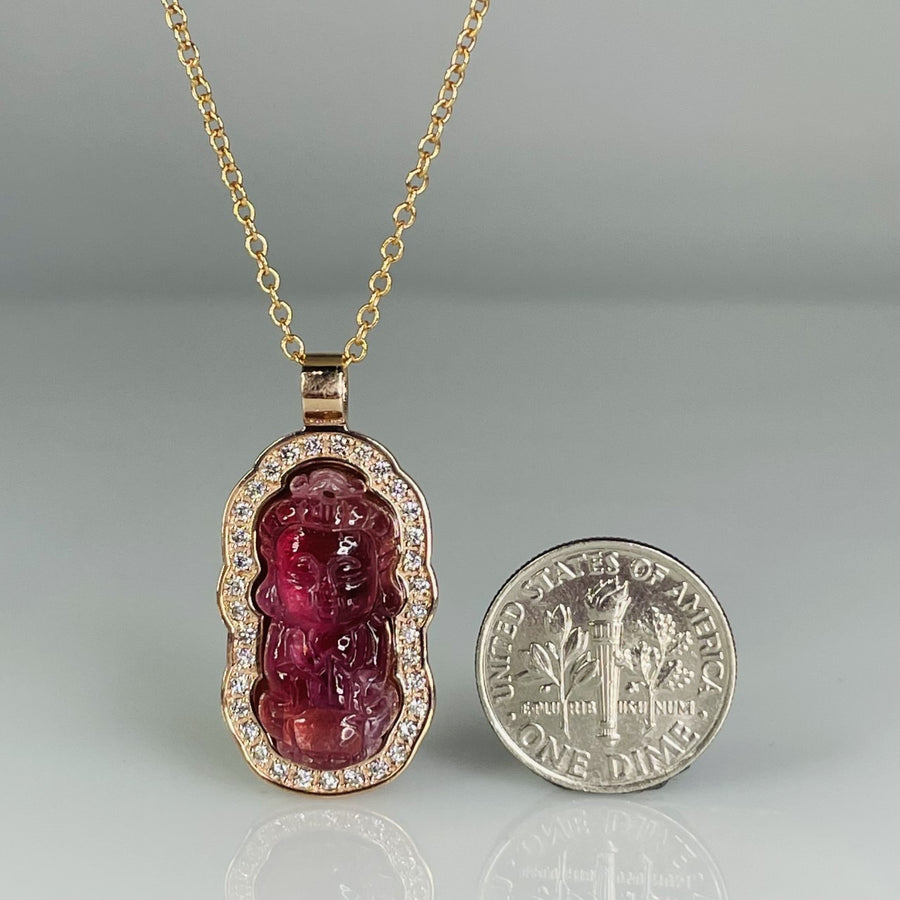 14K Rose Gold Diamond and Pink Tourmaline Buddha Necklace 9.62ct