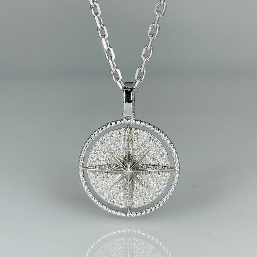 14K White Gold Diamond Compass Necklace 0.48ct