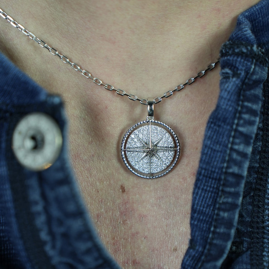 14K White Gold Diamond Compass Necklace 0.48ct
