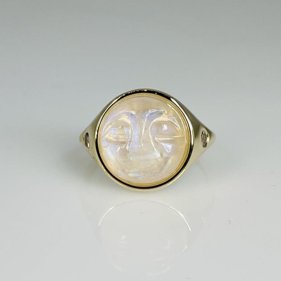 14K Yellow Gold Rainbow Moonstone Man In The Moon Diamond Ring