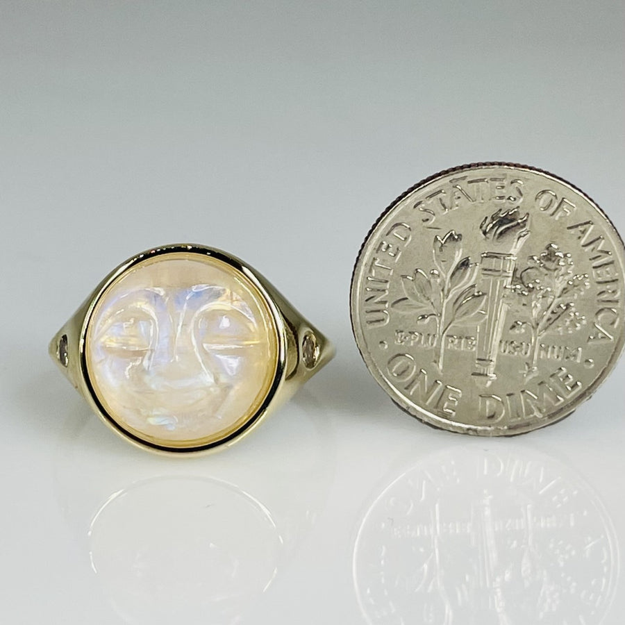 14K Yellow Gold Rainbow Moonstone Man In The Moon Diamond Ring