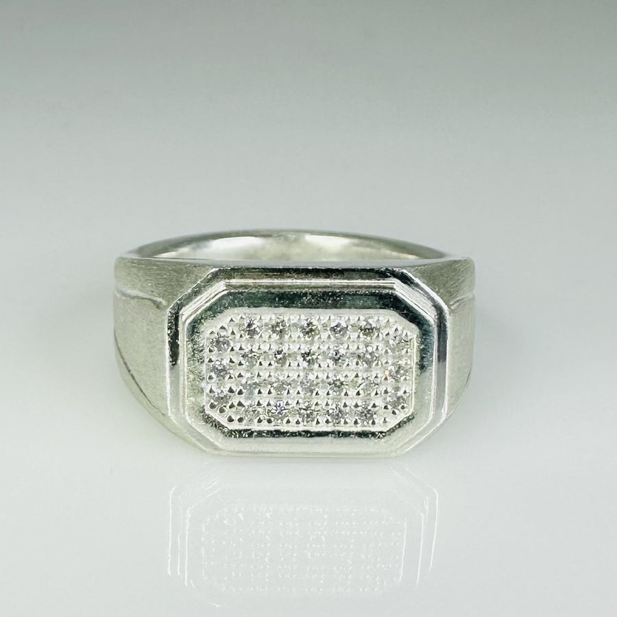 Sterling Silver Pave Diamond Cushion Signet Ring 0.26ct