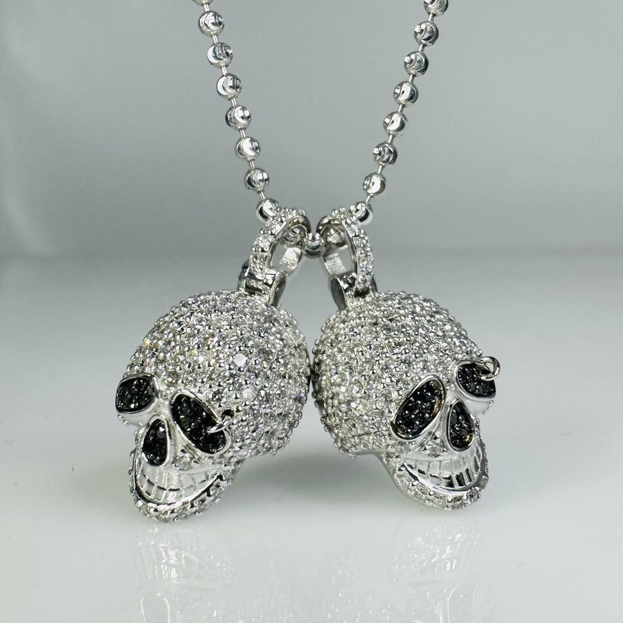 14K White Gold Evil Twins Black and White Diamond Skull Necklace