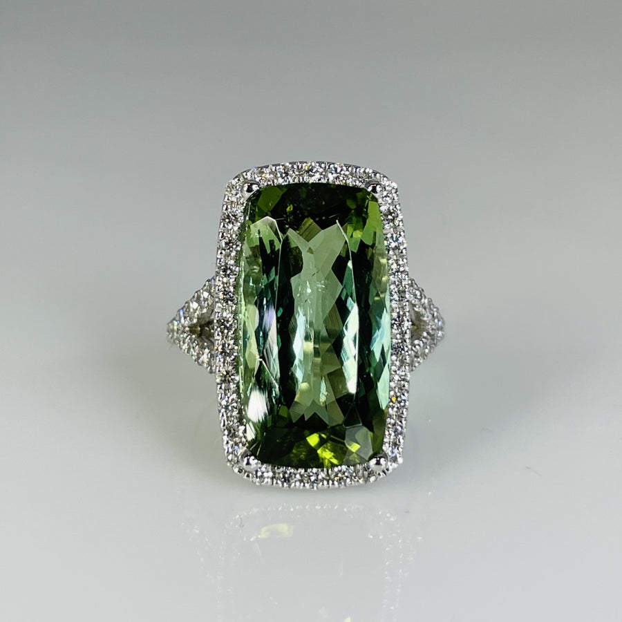 14K White Gold Green Tourmaline Diamond Ring 12.50ct/0.93ct