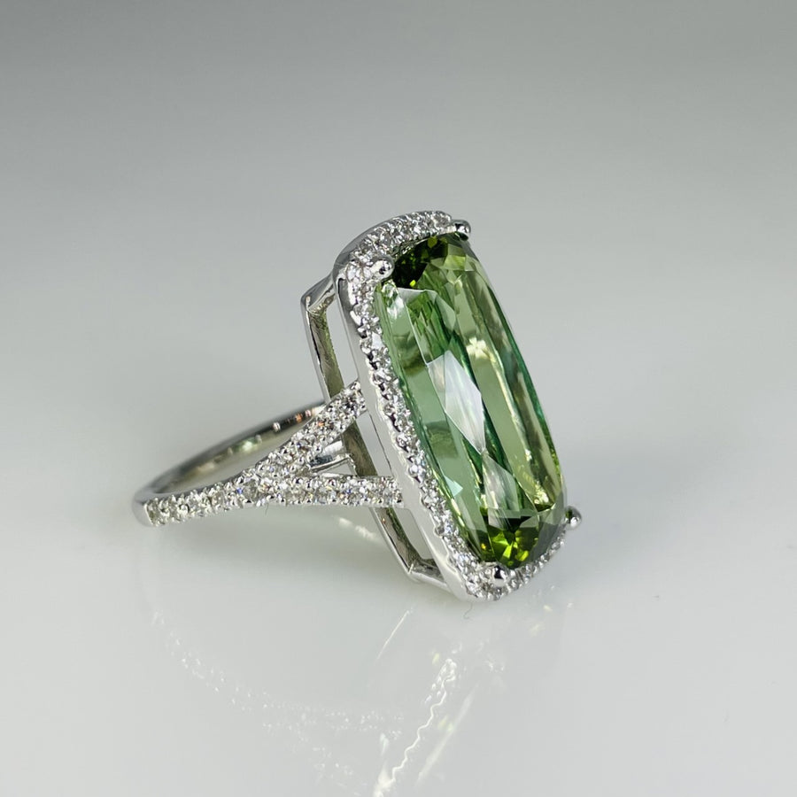 14K White Gold Green Tourmaline Diamond Ring 12.50ct/0.93ct