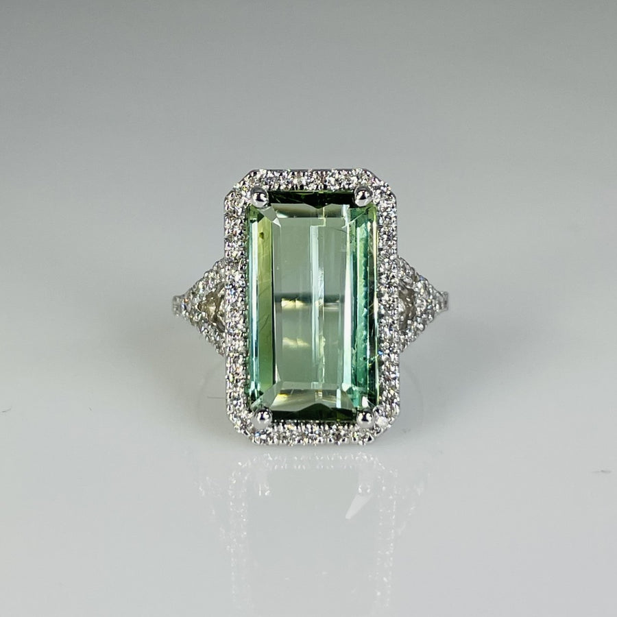 14K White Gold Green Tourmaline Diamond Ring 6.14ct/0.61ct