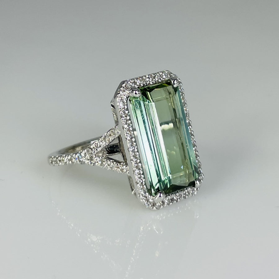 14K White Gold Green Tourmaline Diamond Ring 6.14ct/0.61ct