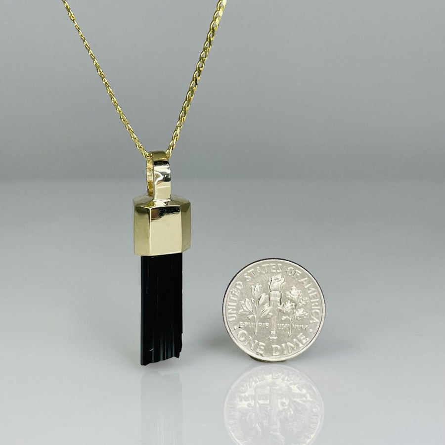 14K Yellow Gold Black Tourmaline Necklace 7x28mm