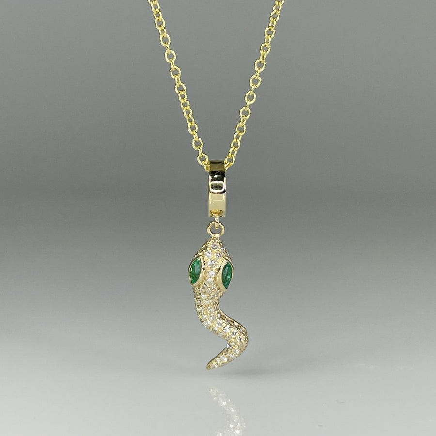 14K Yellow Gold Diamond and Emerald Italian Horn Snake Pendant 0.11/0.20ct
