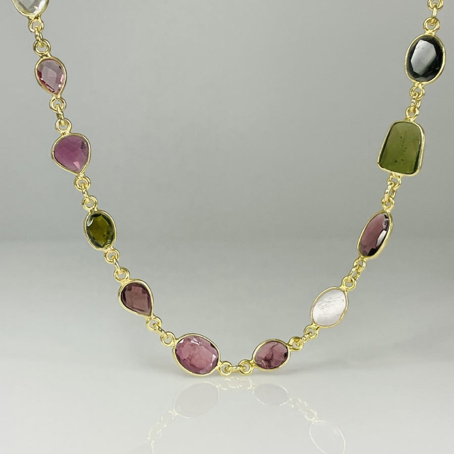 Gold Vermeil Multi Color Tourmaline Bezel Necklace 36"