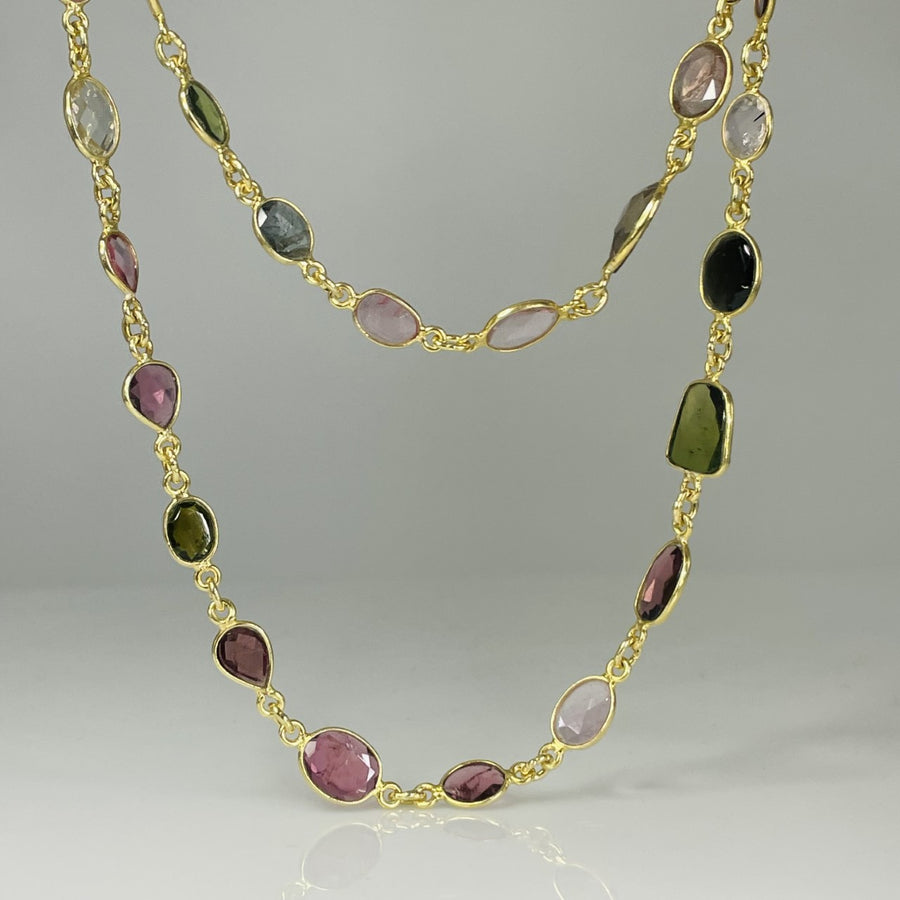 Gold Vermeil Multi Color Tourmaline Bezel Necklace 36"