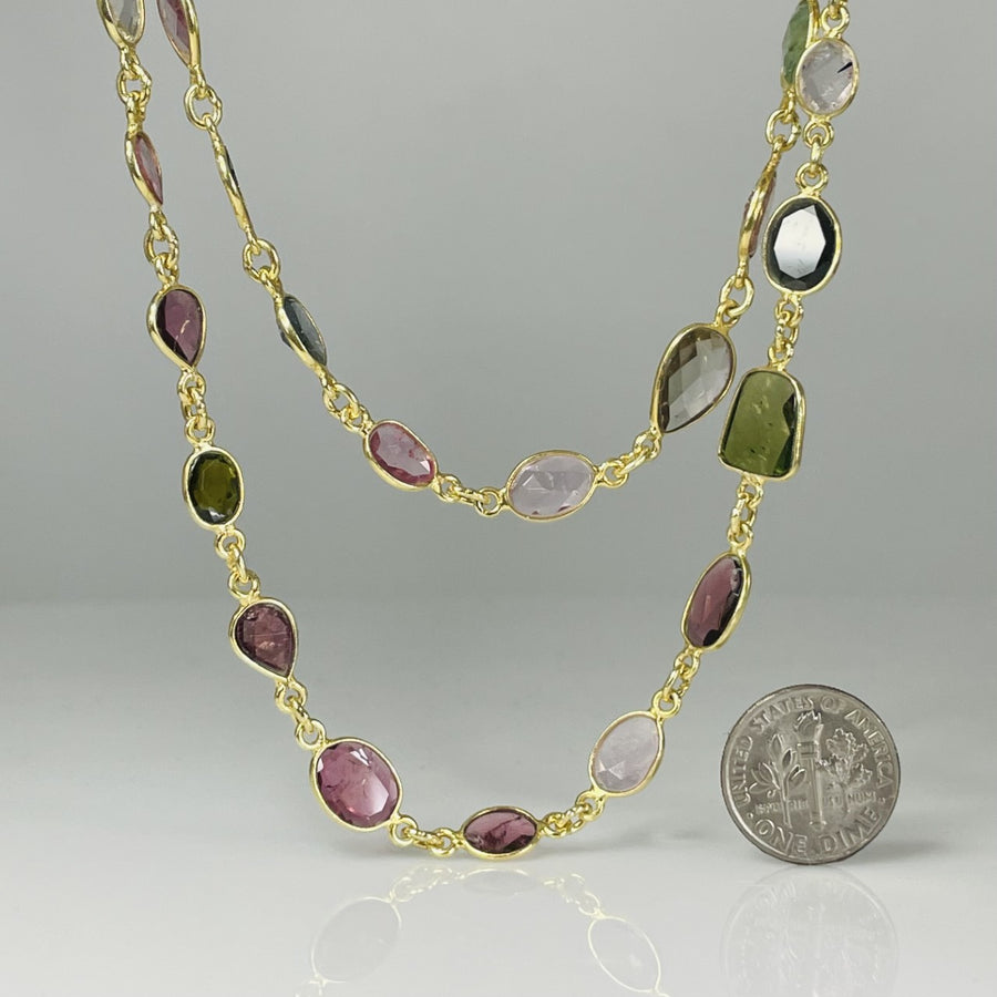 Gold Vermeil Multi Color Tourmaline Bezel Necklace 36"