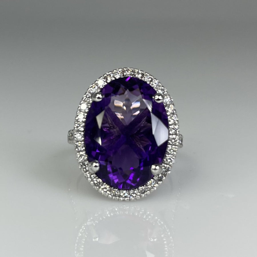 14K White Gold Purple Amethyst and Diamond Ring 8.10ct/0.61ct