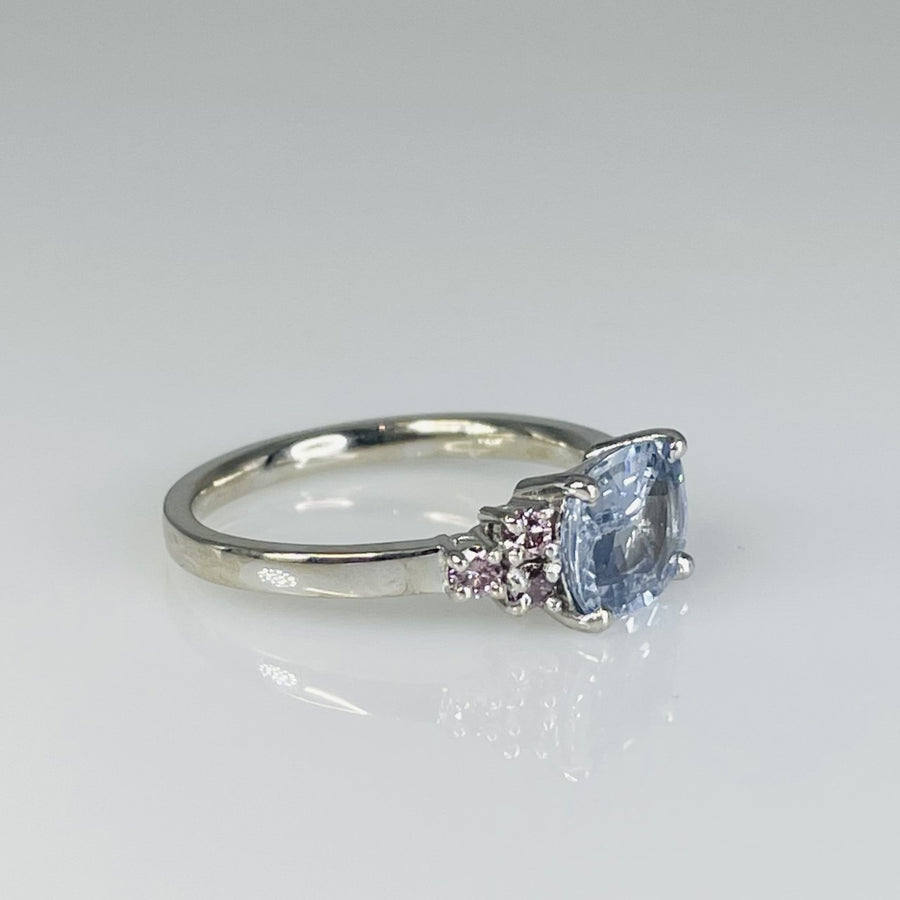 14K White Gold Light Blue Sapphire and Pink Diamond Ring 1.63/0.18ct